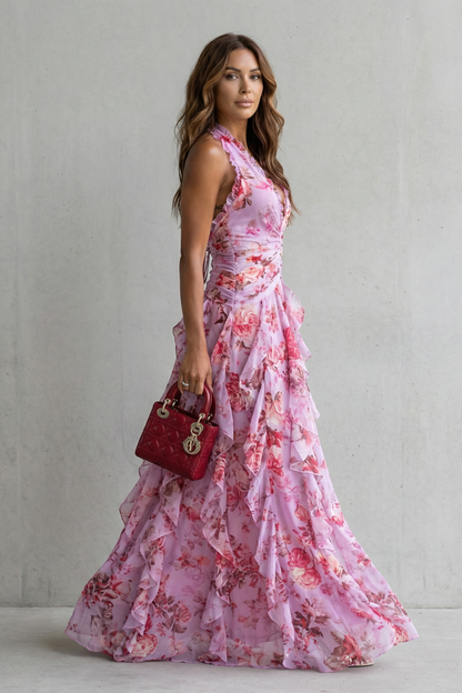 Side view of pink floral halter maxi dress showing fitted bodice and flowing skirt