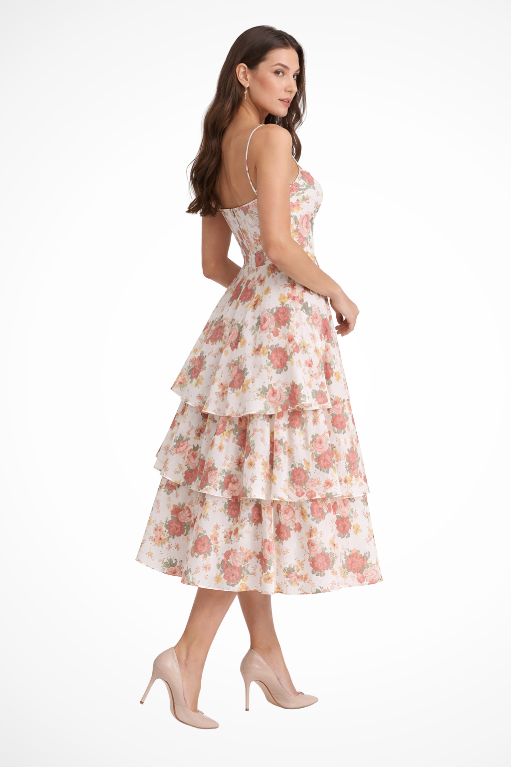 Side view of floral midi dress showing tiered skirt and spaghetti straps