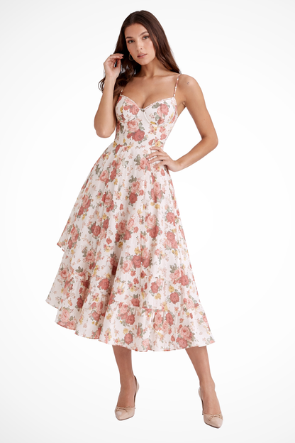 Floral midi dress with spaghetti straps and sweetheart neckline, front view