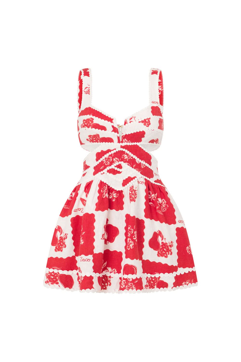 Back view of a floral mini dress showing crisscross straps and a fitted waistline