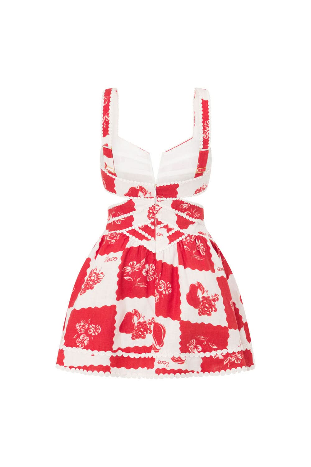 Front studio view of a red and white floral mini dress with structured bodice and full skirt