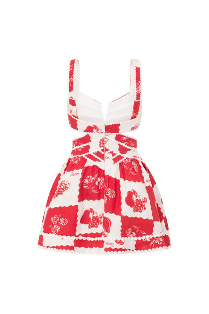 Front studio view of a red and white floral mini dress with structured bodice and full skirt