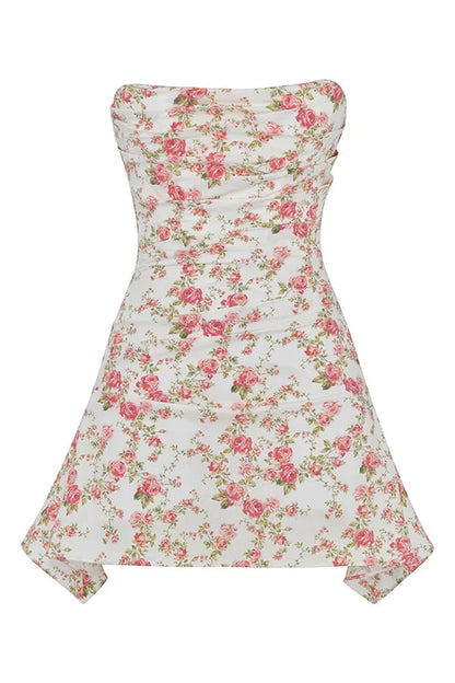 Back product view of a women's floral strapless mini dress with zip closure and flared hem
