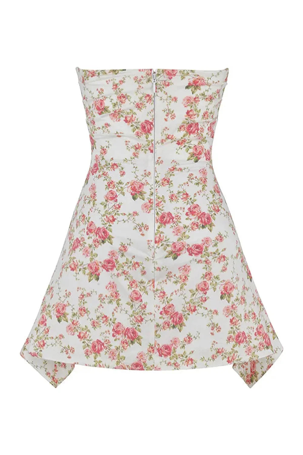 Product view of a strapless floral mini dress with pink rose print, flared skirt, and back zipper