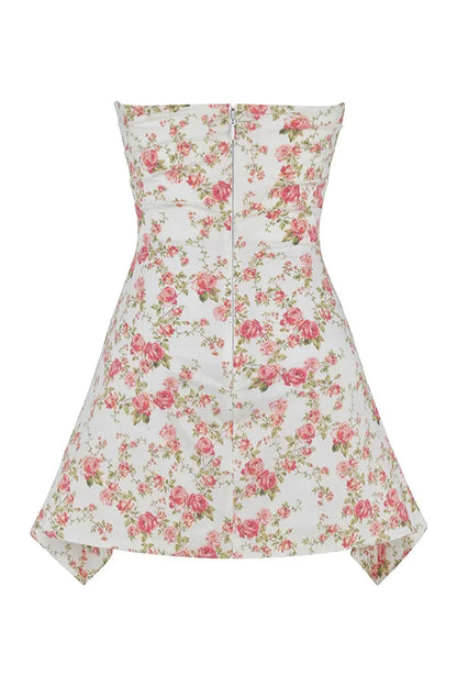 Product view of a strapless floral mini dress with pink rose print, flared skirt, and back zipper