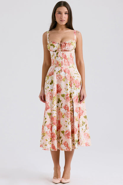 Back view of pink floral midi dress with square back, lace straps, and zipper closure