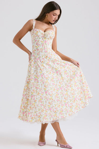 Floral sweetheart midi dress with fitted bodice and flared skirt, wedding guest dress