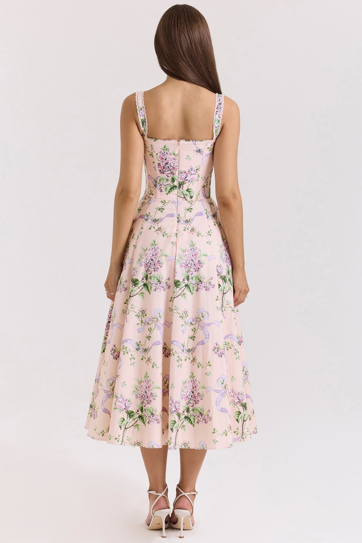 Front view of light blue floral sweetheart midi dress with ruched bust and lace straps