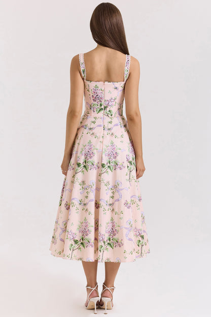 Front view of light blue floral sweetheart midi dress with ruched bust and lace straps