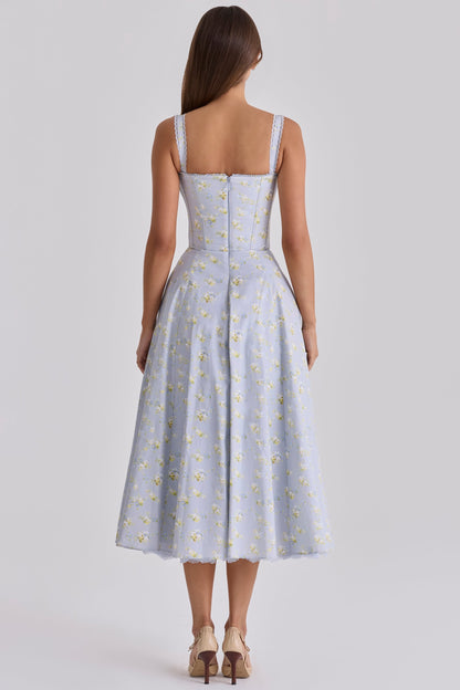 Side front view of pink floral midi dress with corset bodice and hidden pockets