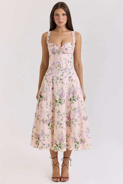 Front view of pink floral sweetheart midi dress with corset bodice and lace trim