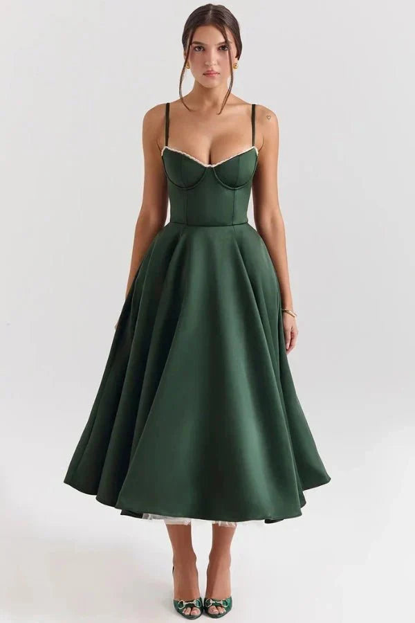 Dark green midi wedding guest dress with sweetheart neckline, straps, and full skirt