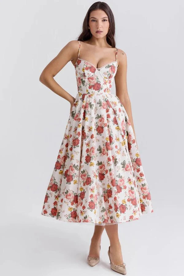 Floral midi dress with corset bodice and flared skirt for wedding guest