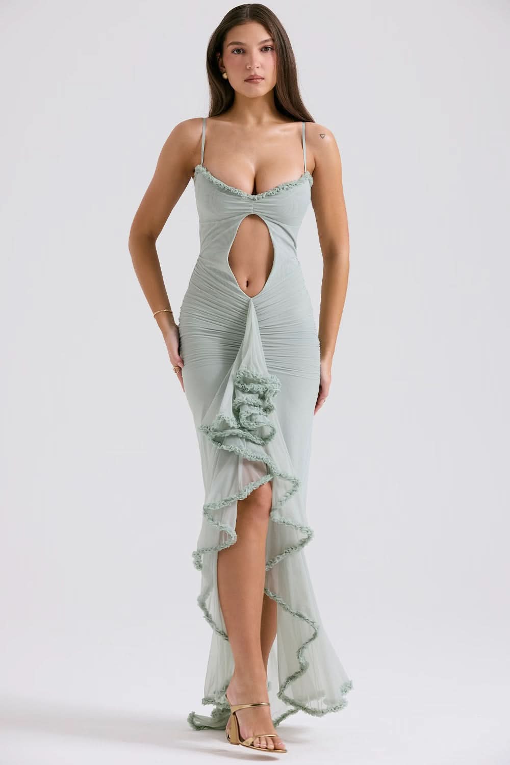 Front view of light blue sheer maxi dress with ruffle trim and deep front cutout