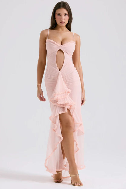 Pink sheer ruffle maxi dress with front cutout and flowing skirt for wedding guest