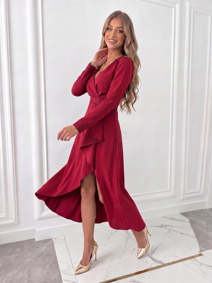 Red wrap midi dress with long sleeves, V-neck top and draped skirt for elegant wedding guest wear