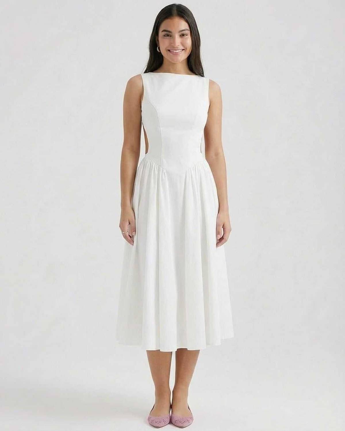 White sleeveless midi dress with side cutouts and a flared skirt, front view