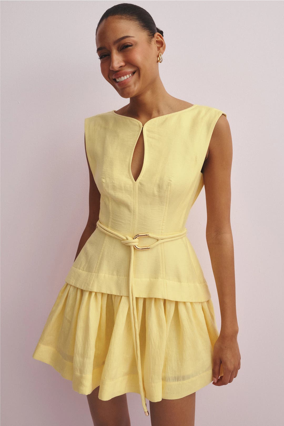 Yellow Belted Keyhole Mini Dress - Yellow