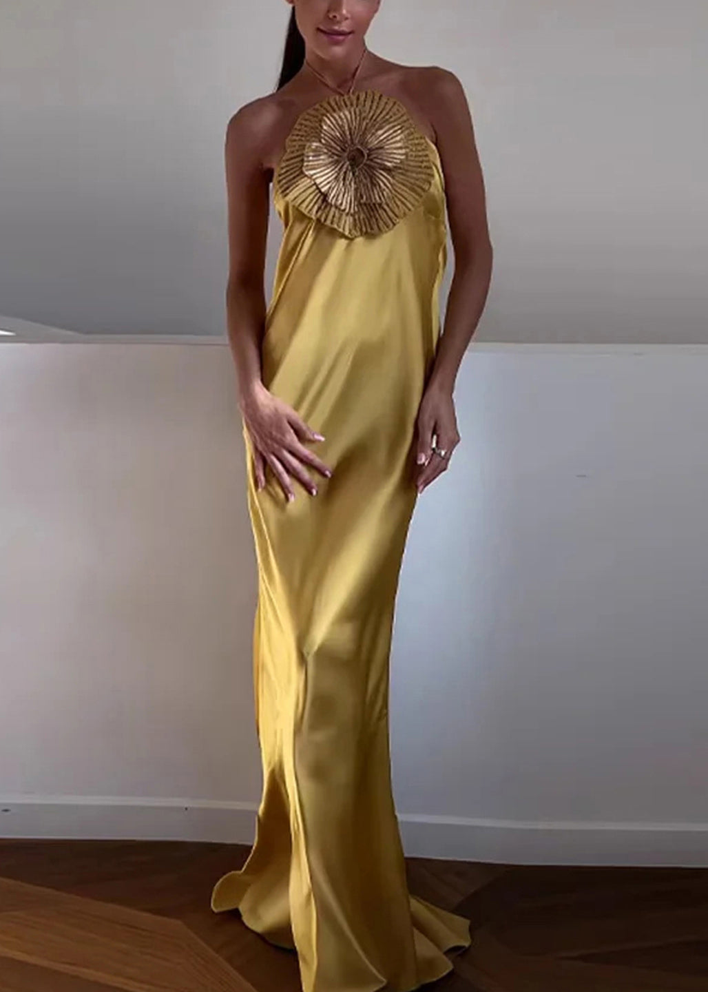 Yellow Satin Medallion Maxi Dress - Yellow