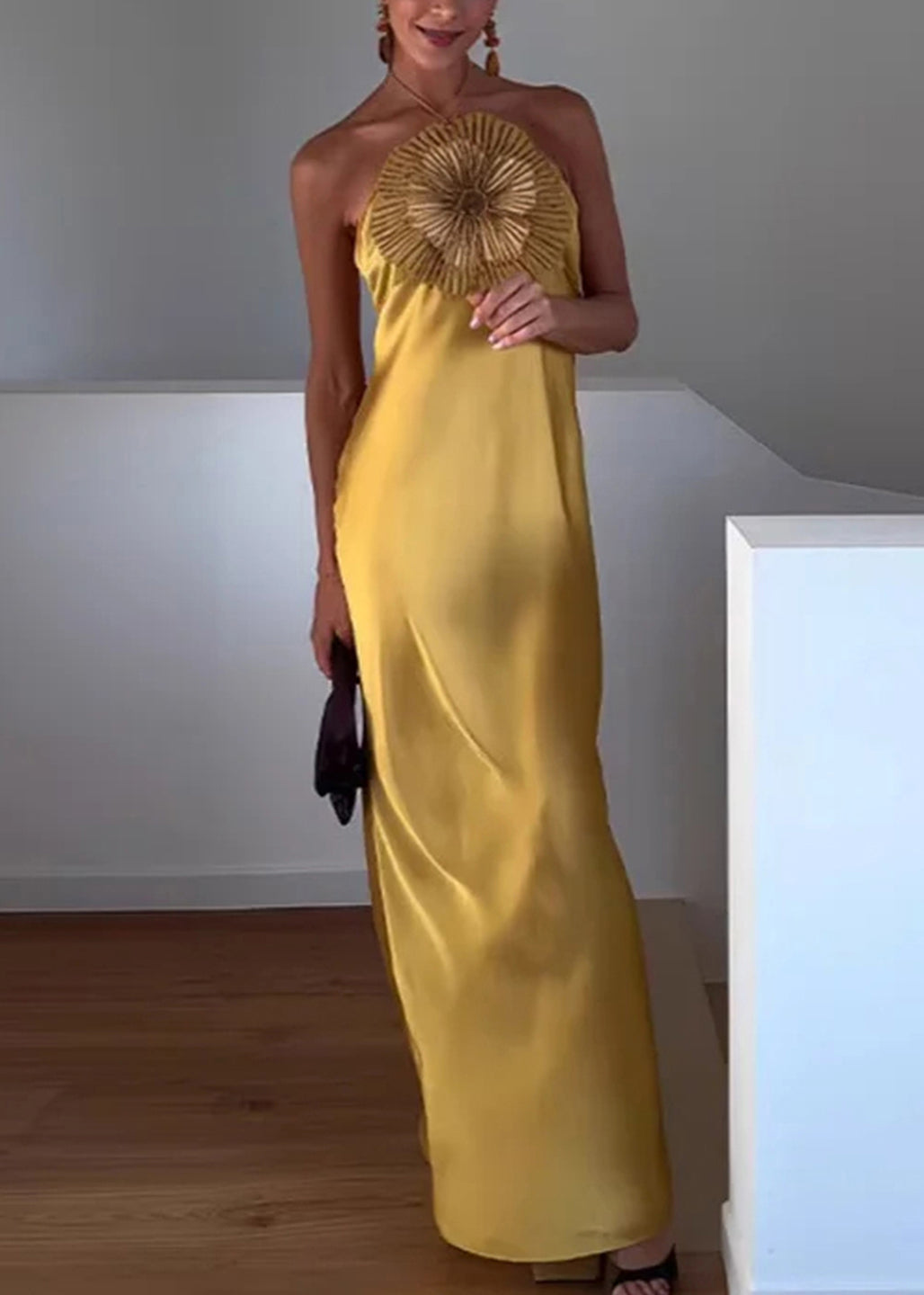 Yellow Satin Medallion Maxi Dress - Yellow